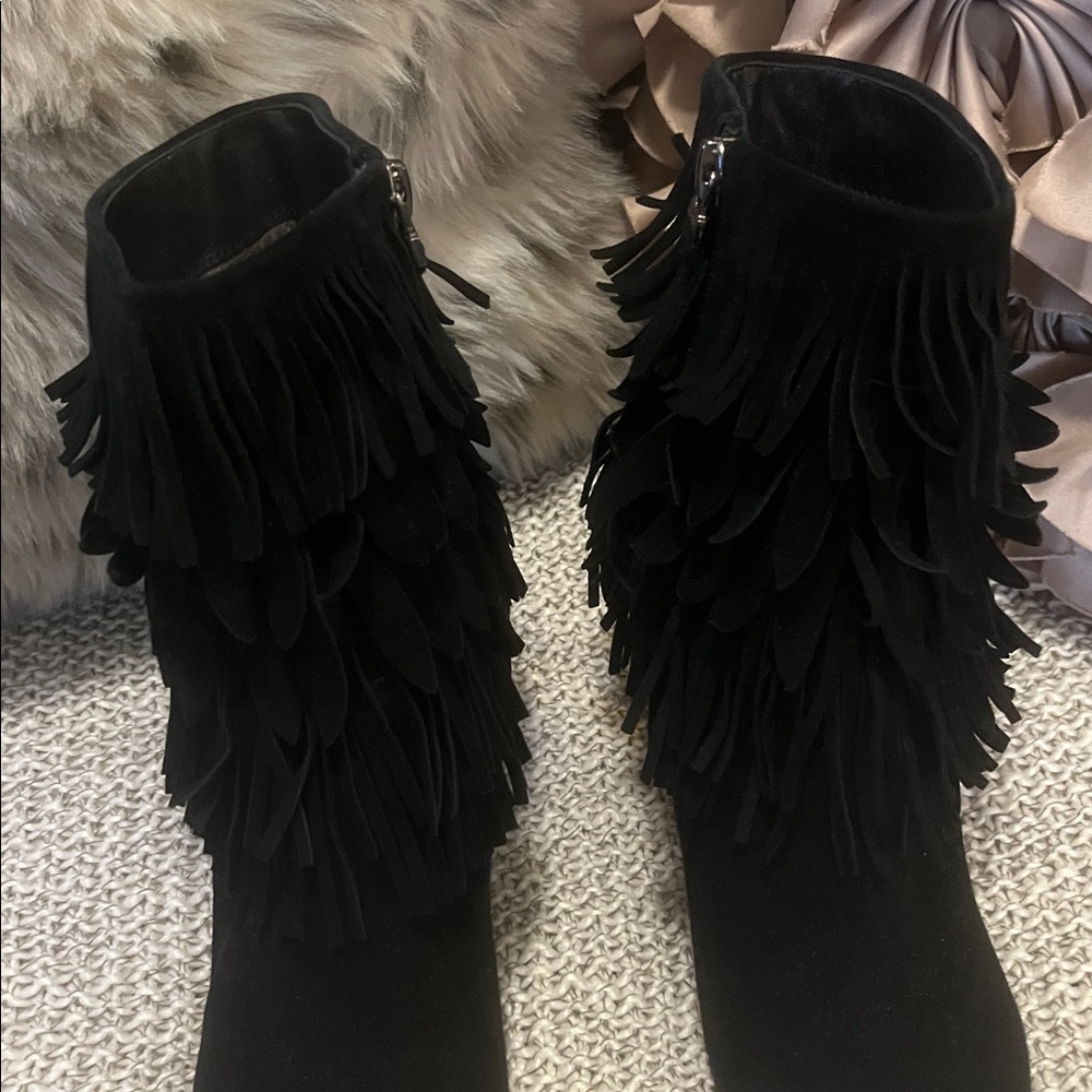 Black Suede Woman’s Pointed Toe Fringe Red Sole Stiletto Heel Ankle Booties - Picture 6 of 16
